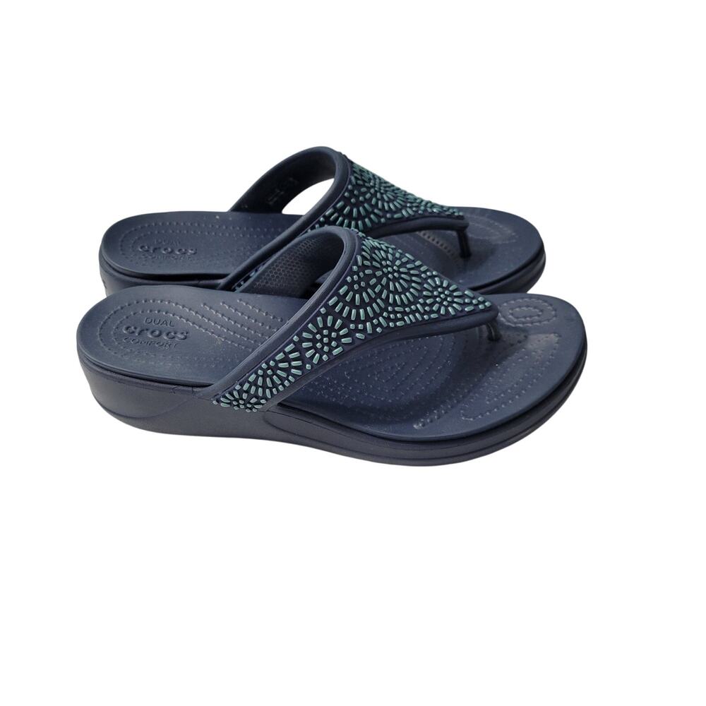 Crocs Blue Monterey Diamante Wedge Flip Flops Shoes Size 10  8326-2965